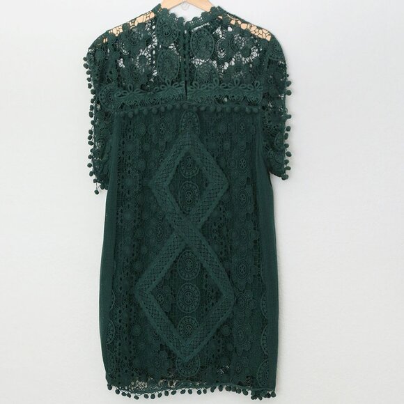 Tularosa Revolve Clayton Tunic Mini Dress L Hunter Green Pom Pom Trim Lace $210 - Picture 7 of 16